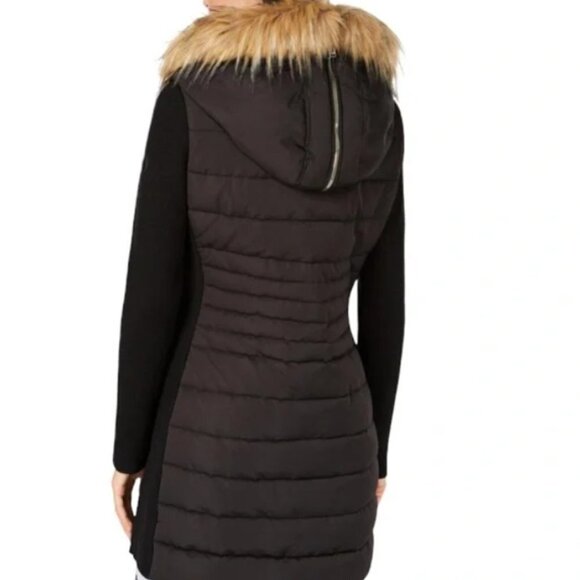 Calvin Klein | Walker Faux Fur Puffer Coat Ribbed Sleeves Black PFTJ4418 Small - Picture 2 of 13